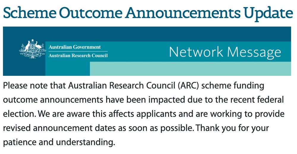 Back text on white background with a blue header block. Screenshot of the ARC Network Messages webpage with an "update" about delays to funding announcements due to the federal election.