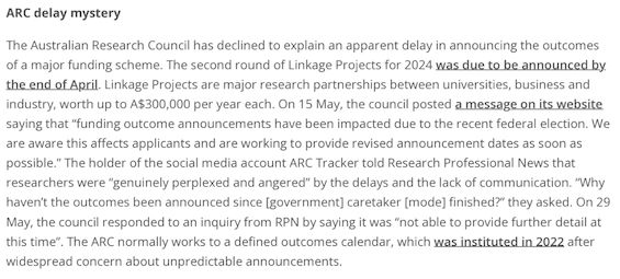 Black text on white background. Screenshot from article in Research Professional News by Jenny Sinclair about the ongoing delays to the Linkage Projects and Laureate Fellowships outcomes.