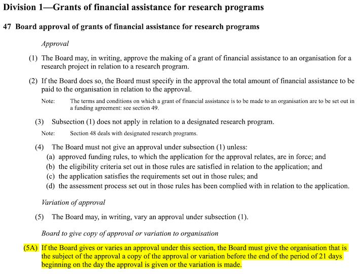 Black text on white background. Excerpt from the ARC Act, with yellow highlighting indicating a sentence that states the ARC must announce grants (at least, to the universities that applied for them) within 21 days of the ARC Board approving them.