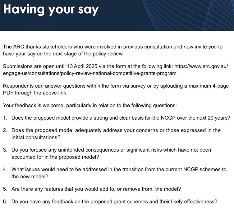 Screenshot from the ARC Board’s Discussion Paper on the Policy Review of the National Competitive Grants Program (page 33) listing the questions the standard submission form asks you to address. Black text on white background with a heading “Having your say” on dark blue background at the top.