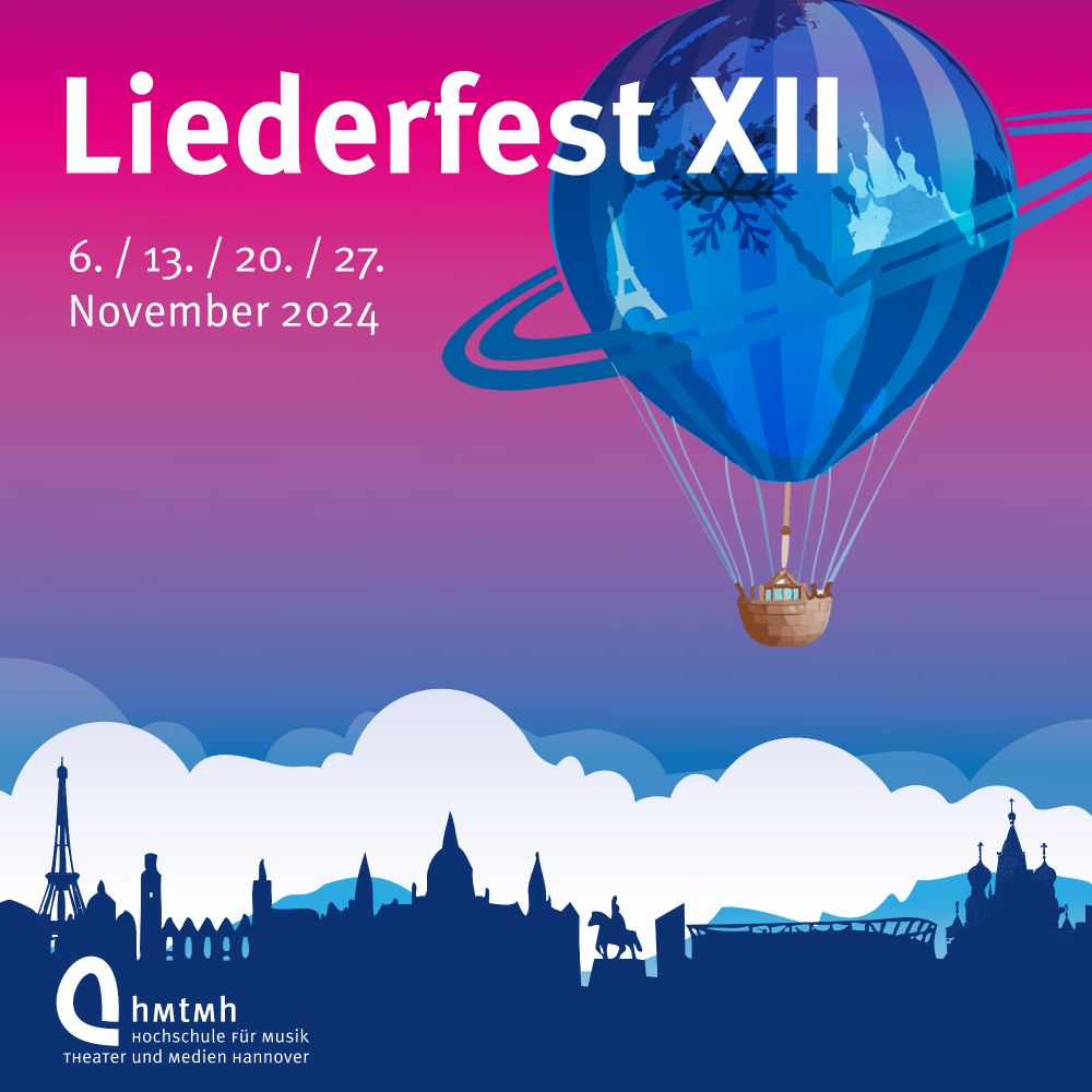 Bildmotiv des Liederfests XII: Ein Heißluftballon gleitet über die Skyline Hannovers, in die sich erstaunlicherweise auch der Eiffelturm und Basilius-Kathedrale einfügen.