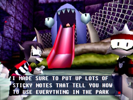 Two grey goats stand in the foreground, one looking excited, and one looking at the camera. Behind them, a blue sentient slide with a pink tongue looms high. The text on the screen reads: "I made sure to put up lots of sticky notes that tell you how to use everything in the park."