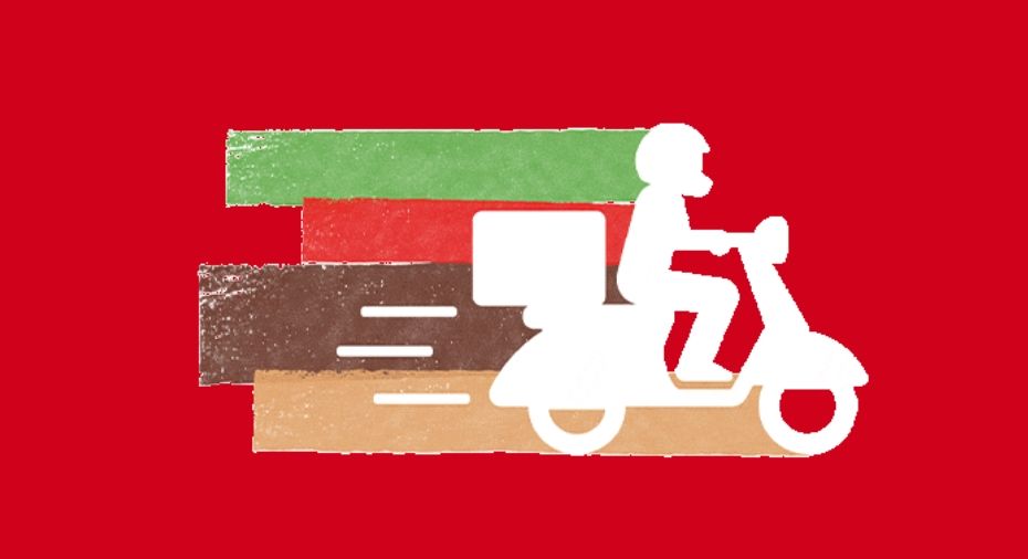 screenshot from the Hungry Jacks website of a delivery guy with the Whopper colours being used as speed lines. The colours, green, red, brown, and yellow, match the lines under the Jackjumpers armpits.