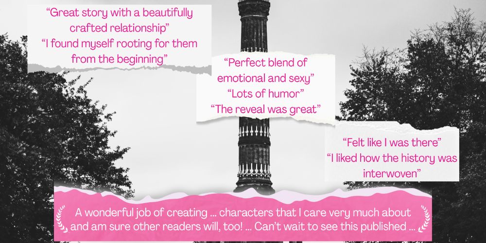 Moodboard. Background image: Berlin Victory Column (photo by Robert | Visual Diary | Berlin on Unsplash). Includes: Before Sunrise movie poster; Every Summer After (Carley Fortune) book cover; Heartless (Elsie Silver) book cover; Kilt Trip (Alexandra Kiley) book cover. Keywords: slow burn; friends to lovers; heartfelt; multicultural; '90s retro; spicy chemistry; single dad; forced proximity; destination romance