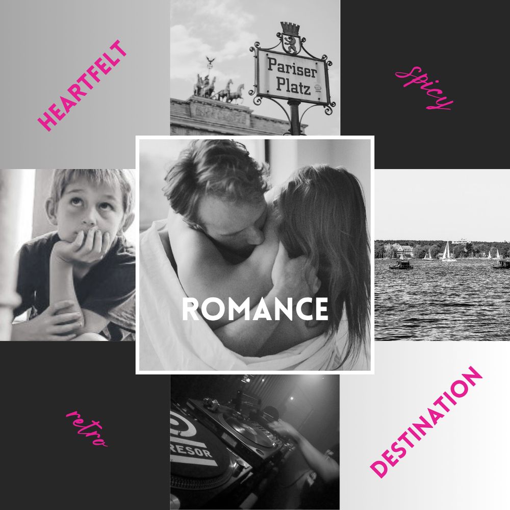 Moodboard. Center photo: A man and woman embracing (design by Freepik, freepik.com), overlaid with the word "romance". Surrounding it are 8 squares, arranged clockwise: 1. The word "heartfelt" on a grey background; 2. A street sign reading "Pariser Platz“ in front of the Brandenburg Gate (photo by Dietmar Rabich, 2013-11-23, licensed under creativecommons.org/licenses/by-sa/4.0/deed); 3. The word "spicy" on a black background; 4. Wannsee beach (photo by Asif Masimov, 2018-04-22, licensed under creativecommons.org/licenses/by/3.0/deed.en); 5. The word "destination" on a white background; 6.  A DJ playing at the Tresor nightclub (photo by Angie Linder, 2015-08-20, licensed under creativecommons.org/licenses/by-sa/2.0/deed.en); 7. The word "retro" on a black background; 8. A young boy sitting cross-legged and looking up (photo by Cristina Gottardi on Unsplash)