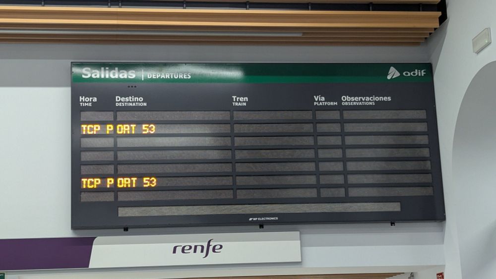 A departure train station board only displaying the line "TCP Port 53"