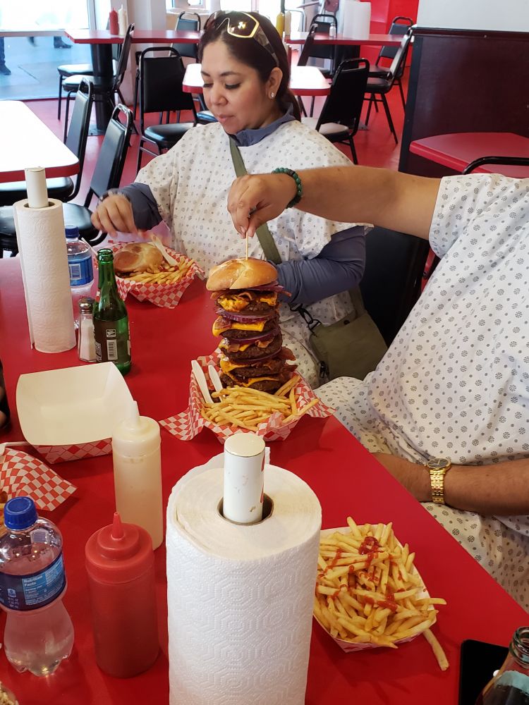 7 patty high cheeseburger from The Heart Attack Grill in Las Vegas.