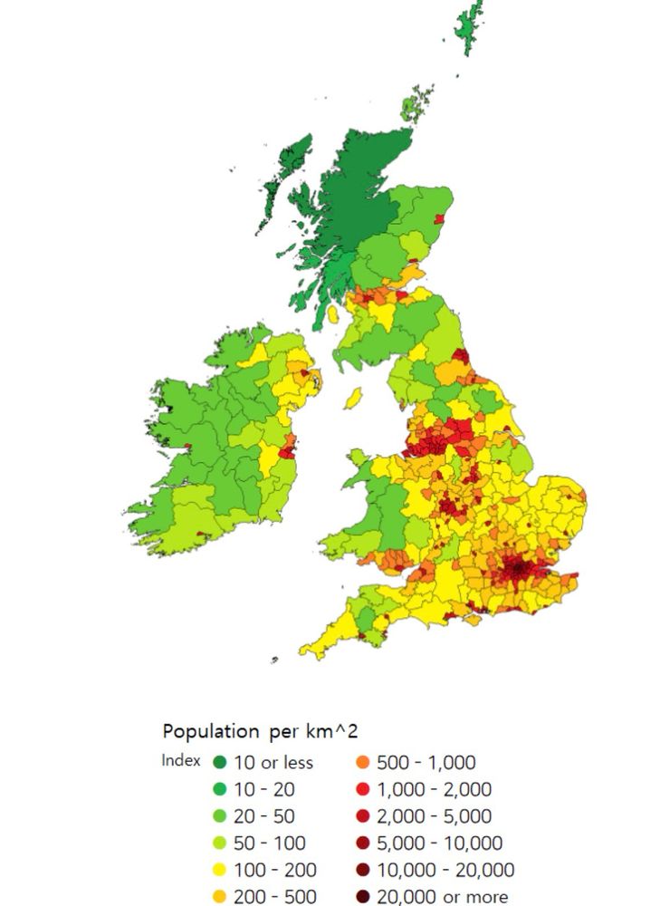 A map showing the population density of Britain and Ireland. 