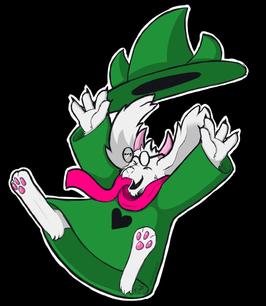digital fanart of the character Ralsei from the gamer Deltarune

he is falling but has his limbs spread out and a joyful smile on his face as his hat and glasses lift off his head