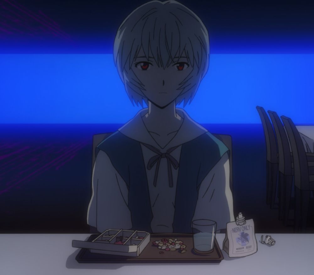 rei ayanami eating pills for a meal