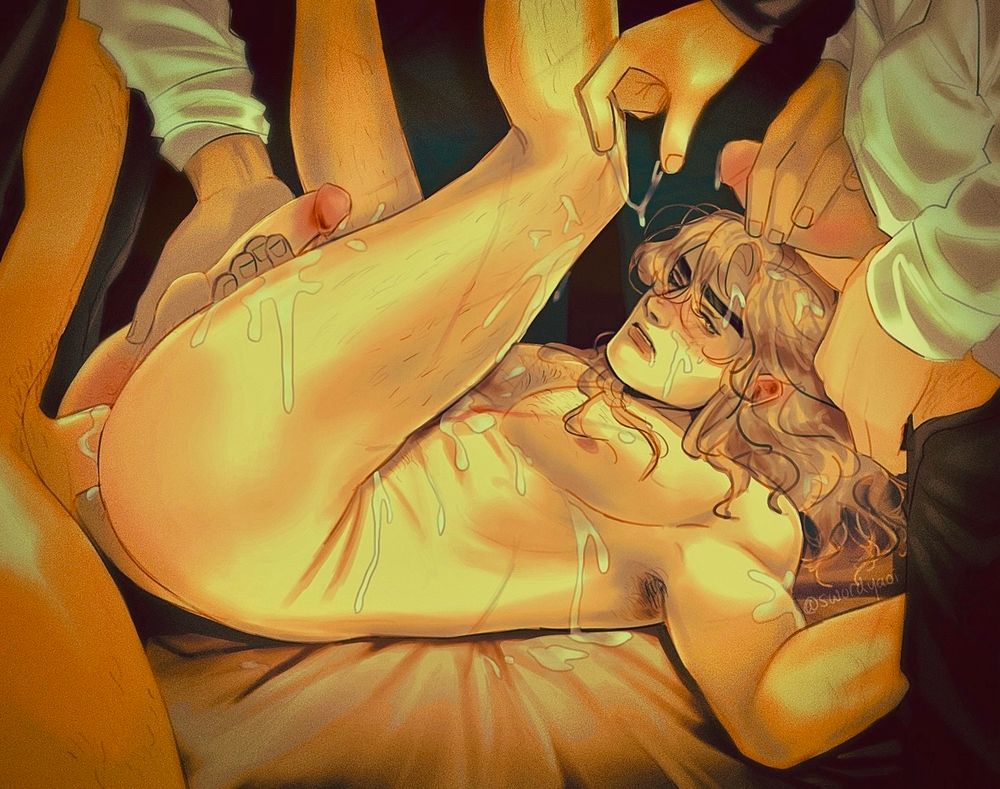 A digital illustration of my OC, Emil, laying on his back with his legs in the air as he's getting fucked in the ass by one of his fellow knights. He is surrounded by multiple other men, all who have their cocks out and are jacking off around Emil, who is the designated cum dumpster for the evening. Emil is blushing as he's getting fucked by one man and another man's hands trail over his own dick, jacking him off. He is covered in cum, looking at the viewer.