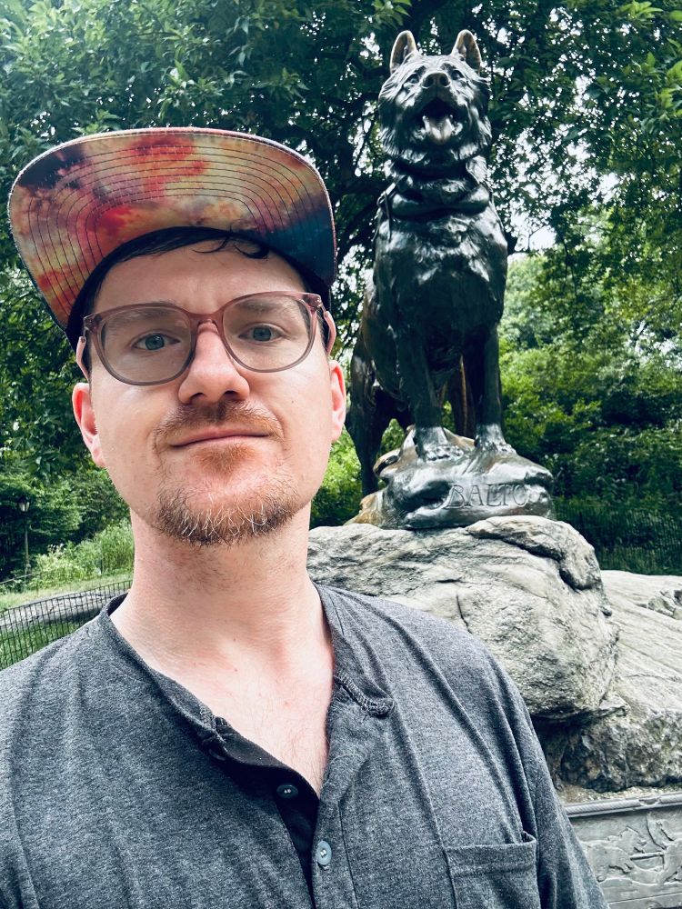 selfie in front of the Balto statue in Central Park, NY