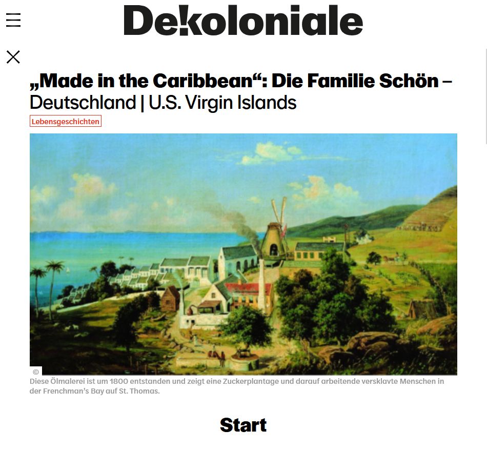 Bildschirmfoto der Titelseite eines Blogbeitrags mit dem Titel 'Made in the Caribbean': Die Familie Schön. Zu sehen ist ein Gemälde, das eine Plantage auf der Karibikinsel St. Thomas zeigt.