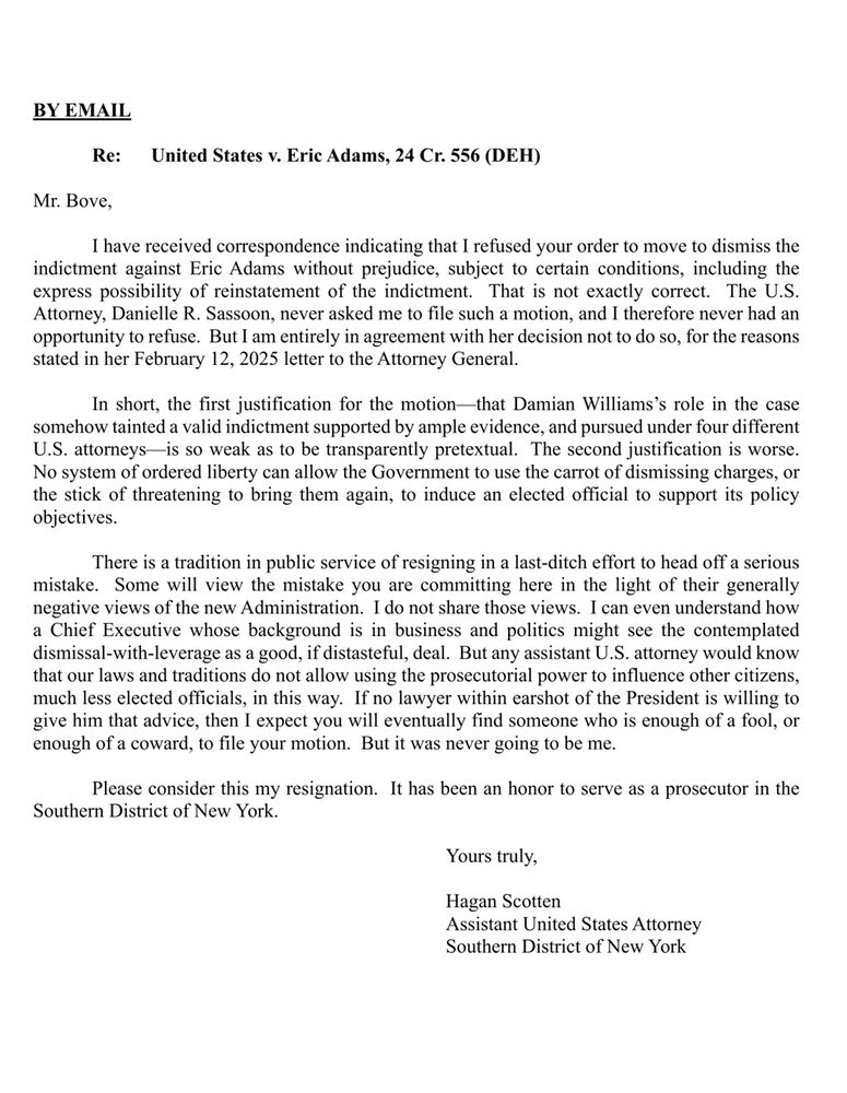 Letter sent to Mr. Bove from Asst. US Attorney Hagan Scotten from the Southern District of New York 