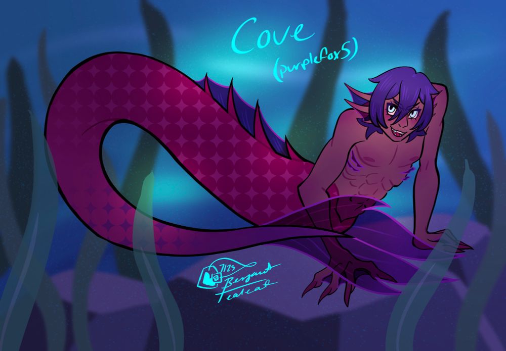 An artfight attack of a pink-purple merfolk surrounded by rocks and seaweed.