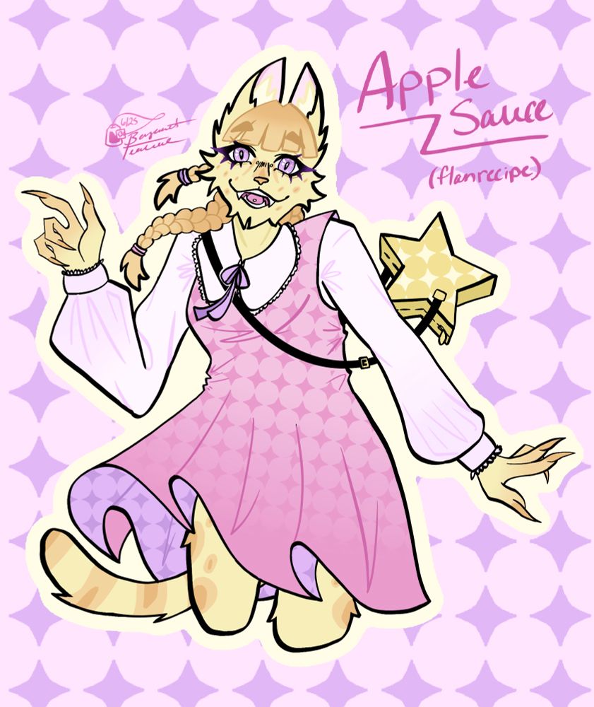 An artfight attack of a pastel serval humanoid with yellow spotted fur and strawberry blond hair styled into twin braids and short bangs. They wear a pink pinafore over a light purple shirt with bell sleeves. They also have a yellow star shaped bag.