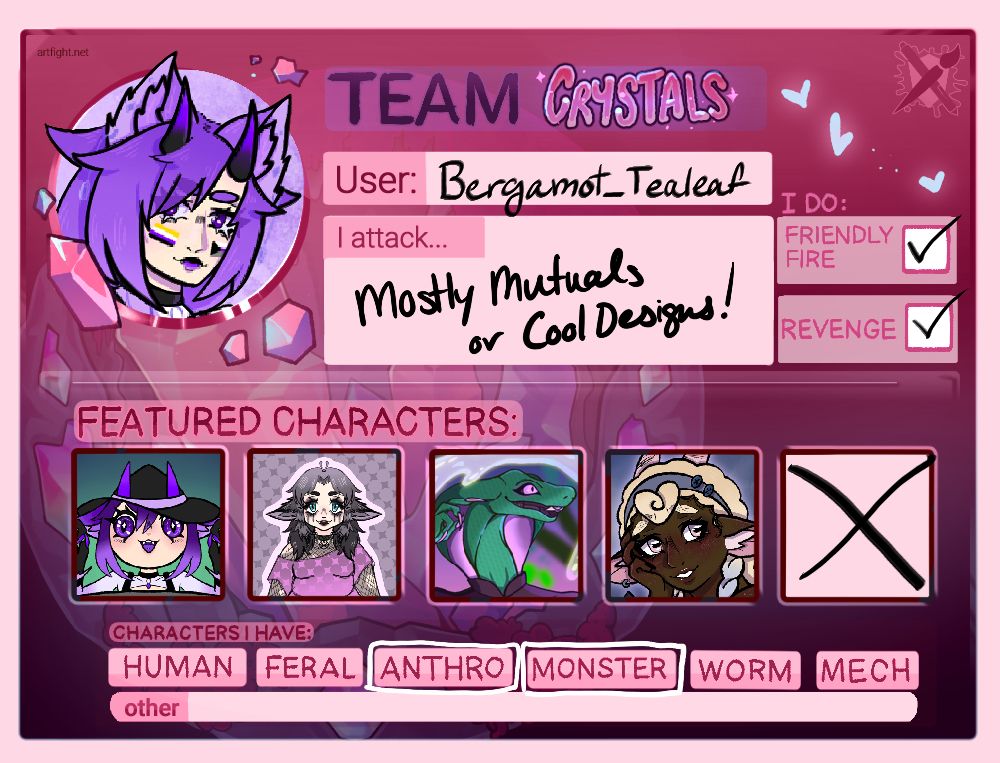 Artfight card detailing what I will attack this season! Mostly mutuals and cool characters! 