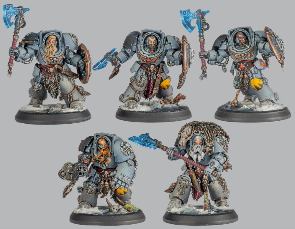5 Wolf Guards terminators painted. Grey armours with a tint of blue. 3 with shields and axe. One with a big axe. The axes are radiating blue. The last terminator has a powerfist and an assault cannon