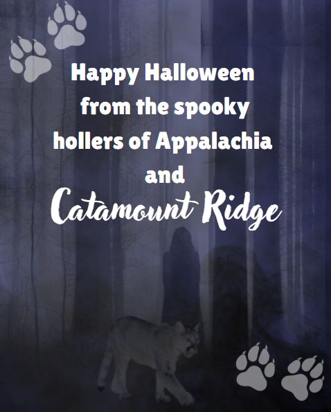 A spooky forest background with a cloaked figure and a mountain lion. Text that says happy Halloween from the spooky hollers of Appalachia and catamount ridge. 