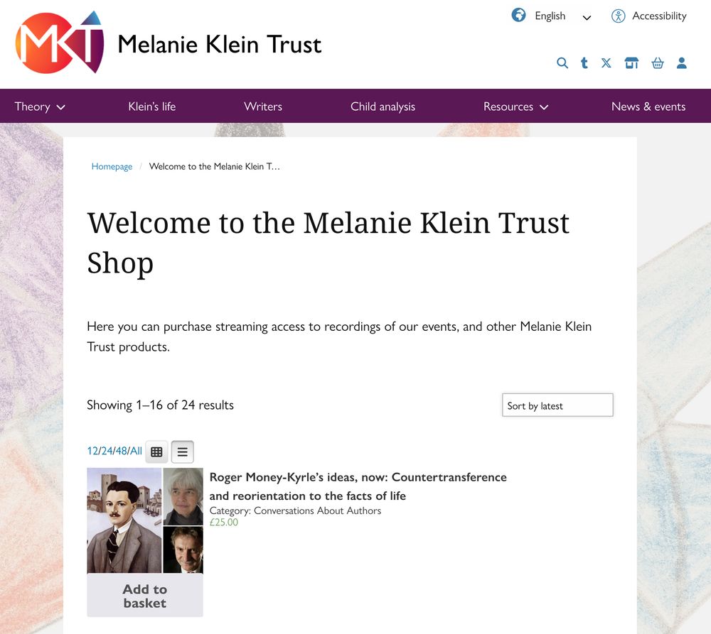 A screenshot showing the front page of the Melanie Klein Trust website online shop 