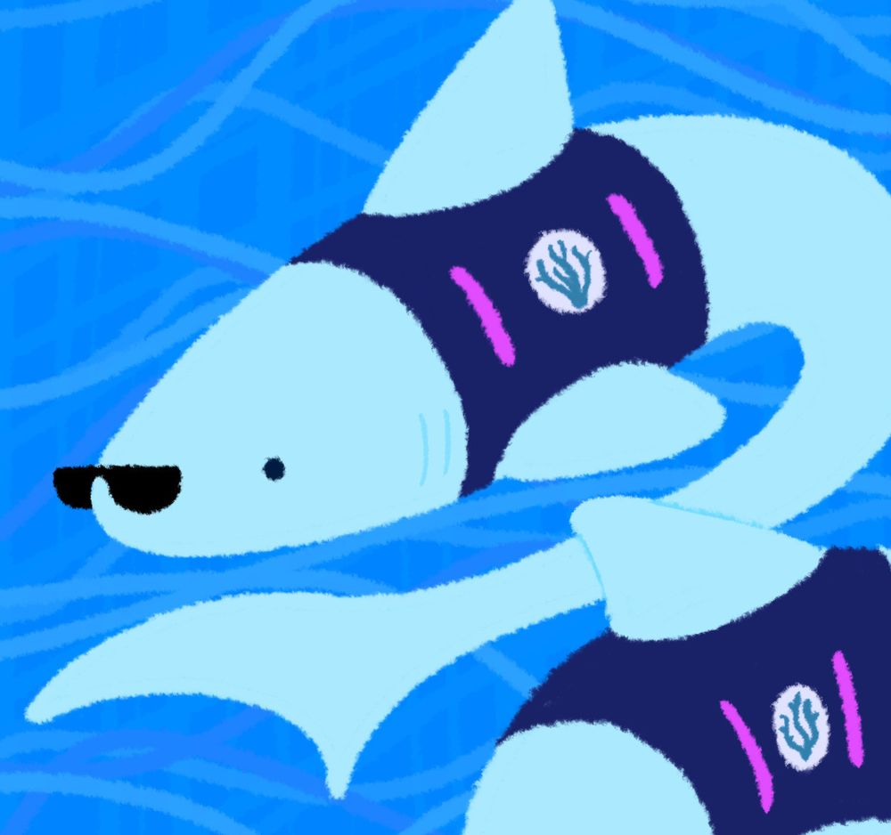 A drawing based on the request: "Can you draw two cool sharks with sunglasses wearing service animal vests?"