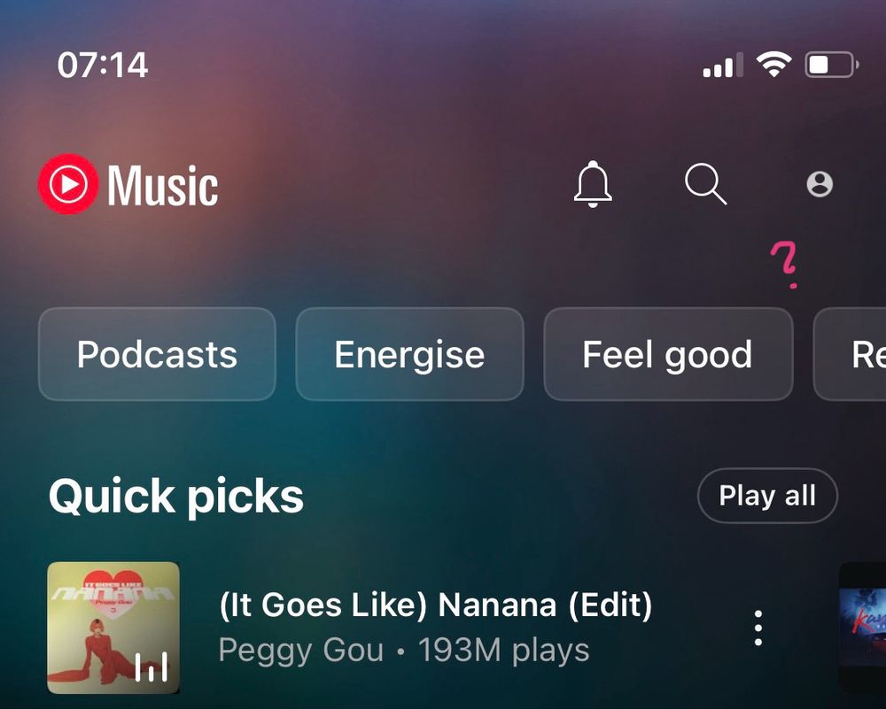 screenshot of youtube music, the account icon is way tinier than the icons around it