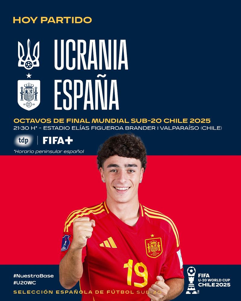 Cartel del partido entre España y Ucrania, correspondiente a los octavos de final del Mundial sub20 de Chile.