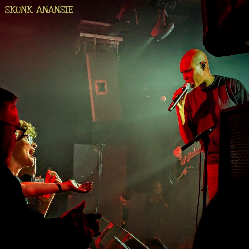 Skin from Skunk Anansie on stage singing Weak, with coloured beams of light shining behind her, whilst some guys at the front of the audience sing back at her. 