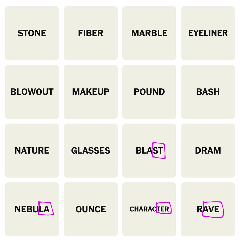 NYT Connections grid showing what I incorrectly thought was a group of 4. Blast, Nebula, Character & Rave. (Street, Lane, Terrace & Avenue)