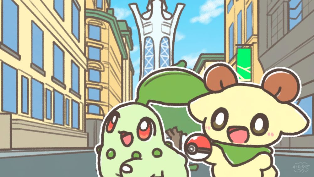 ポケモンZ-Aの第1回配信で作成したサムネイル、チコリータとオリキャラのわたかぜくんがミアレを探索している様子が描かれている