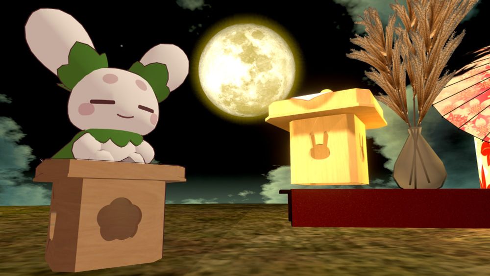 VRChatのお月見ワールドで三方に乗ってるはもちっとくんの写真