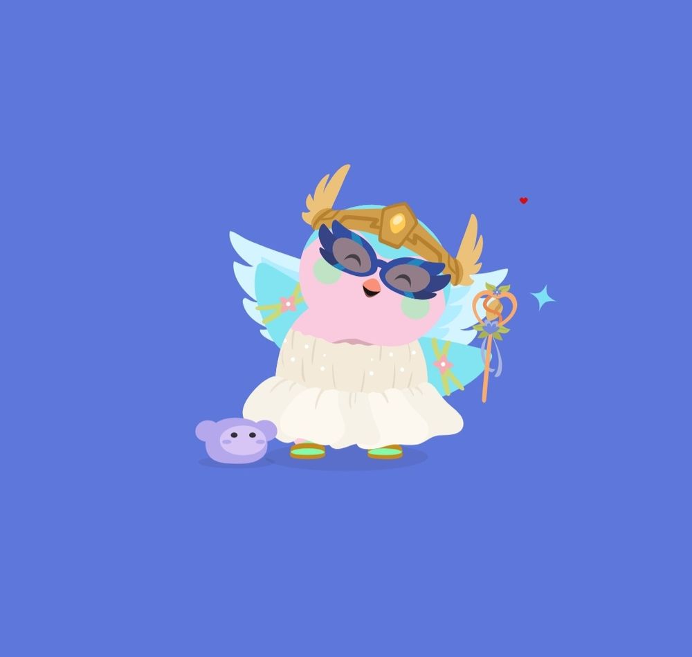 A screenshot of a cartoon bird, wearing a white dress, gold crown, gold sandals, blue glasses, and a gold wand. She's smiling & has her arms outstretched. A little purple blob with ears & eyes is on the ground next to her. 
