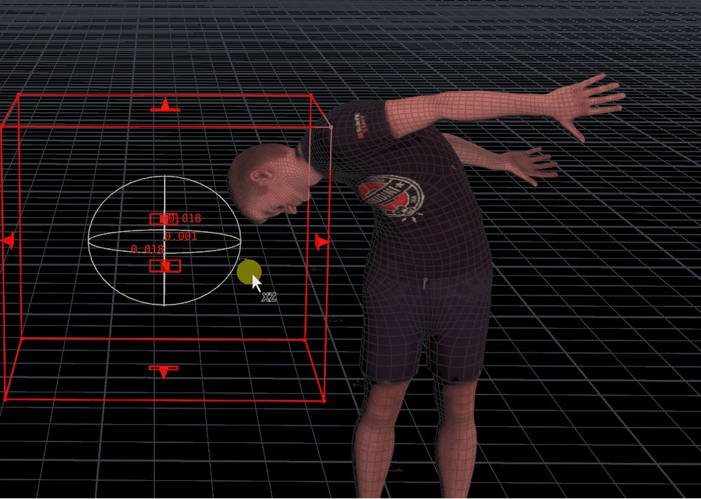 An animation of the Paul test geometry bending to face a target object like some kind of mutated drinking bird toy