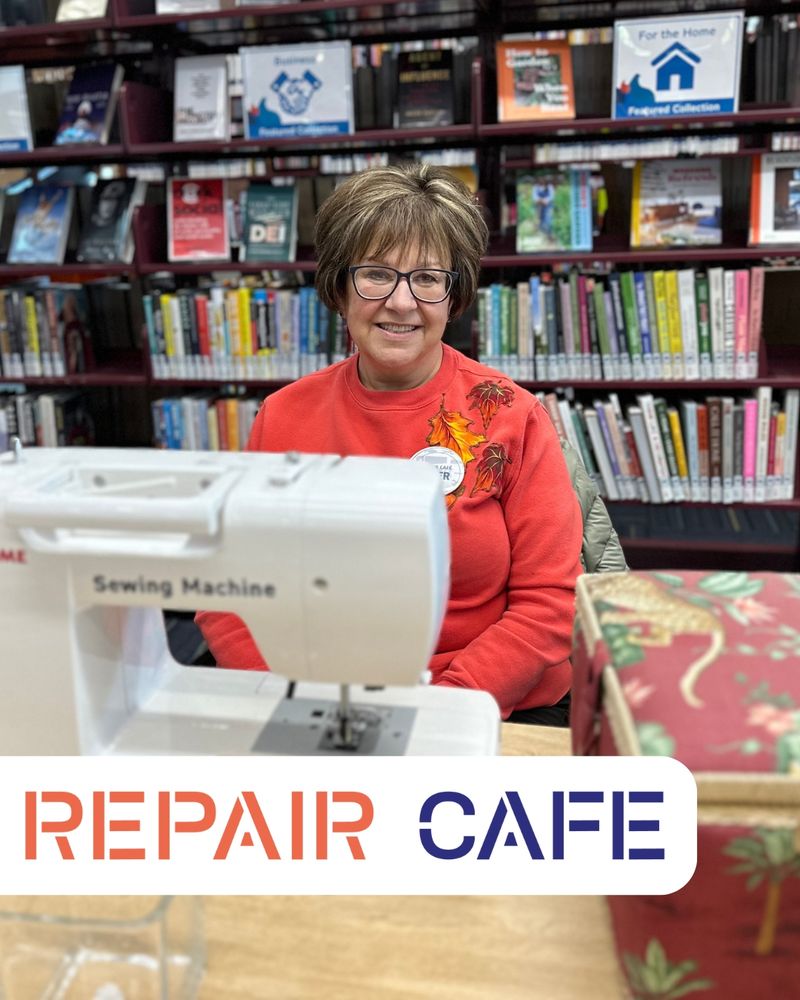 Image of a person sitting behind a sewing machine. Repair Cafe logo overlays the image. 