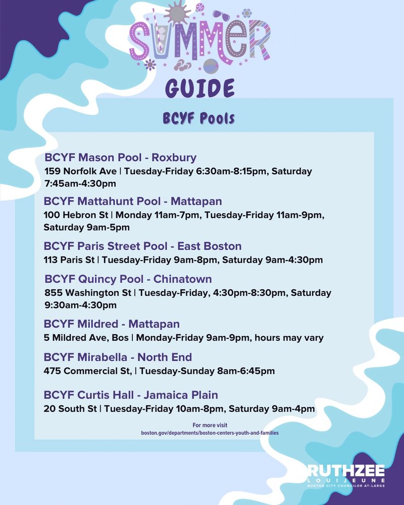 A summer guide page with wavy blue and white background featuring “SUMMER GUIDE” header with decorative summer icons. The page continues the “BCYF Pools” listing with seven additional Boston Centers for Youth & Families pool locations and their operating hours:
	•	BCYF Mason Pool in Roxbury (159 Norfolk Ave, Tuesday-Friday 6:30am-8:15pm, Saturday 7:45am-4:30pm)
	•	BCYF Mattahunt Pool in Mattapan (100 Hebron St, Monday 11am-7pm, Tuesday-Friday 11am-9pm, Saturday 9am-5pm)
	•	BCYF Paris Street Pool in East Boston (113 Paris St, Tuesday-Friday 9am-8pm, Saturday 9am-4:30pm)
	•	BCYF Quincy Pool in Chinatown (855 Washington St, Tuesday-Friday 4:30pm-8:30pm, Saturday 9:30am-4:30pm)
	•	BCYF Mildred in Mattapan (5 Mildred Ave, Monday-Friday 9am-9pm, hours may vary)
	•	BCYF Mirabella in North End (475 Commercial St, Tuesday-Sunday 8am-6:45pm)
	•	BCYF Curtis Hall in Jamaica Plain (20 South St, Tuesday-Friday 10am-8pm, Saturday 9am-4pm)
Bottom includes website reference and “RUTHZEE LOUIJEUNE BOSTON CITY COUNCILOR AT-LARGE” logo.