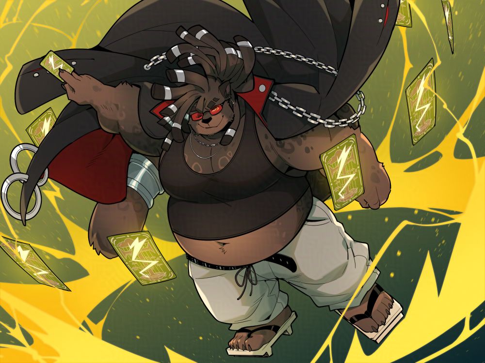 Tondro (jaguar) drawing a card from mid air dramatically, electricity and other cards surrounding him 