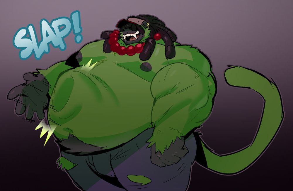 Thunder (monkey) giving his massive belly a good solid slap, including a miniature shockwave and slap sfx. 