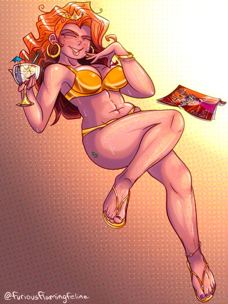 A drawing of a shapely woman with long curly red hair dressed in a shiny golden bikini, a tiara and a pair of golden flip flops adorned with jewels. She is smirking at the viewer and striking a pose while holding a cool frosty marg 