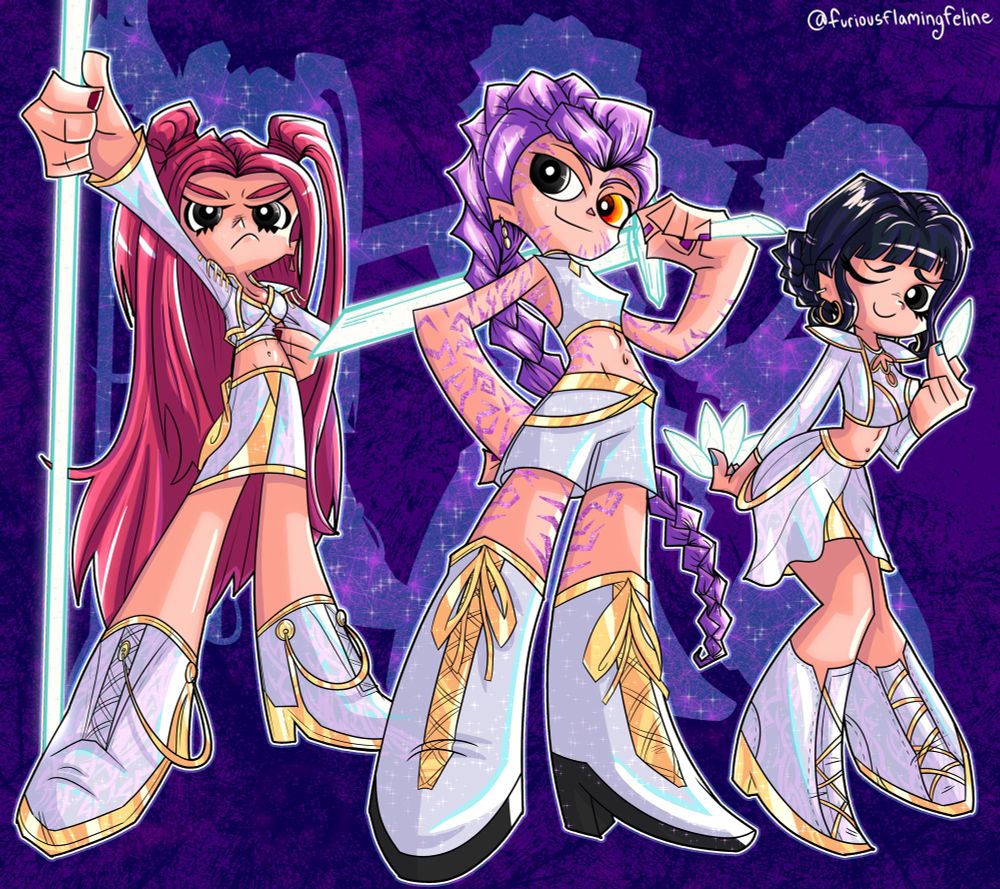 A drawing of Mira, Rumi and Zoey from KPop Demon Hunters in the style of Panty and Stocking with Garterbelt