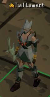 TwiliLament, standing and wearing full crystal armor with a bowfa.
