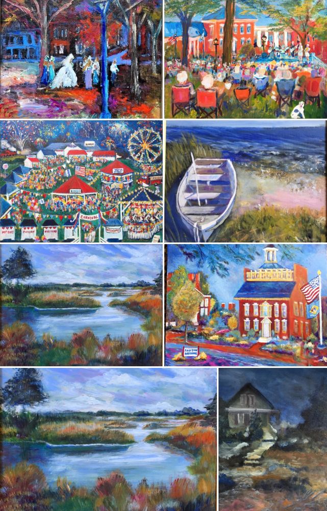 Found this little montage of paintings. All are sold except “The Volunteers” (original and prints are still available of Onancock Carnival. The Old State House original is in private collection and there are still prints available of that one) 