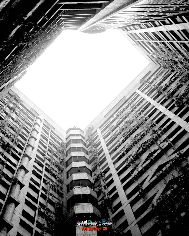Black and white photo of tall, angular buildings enclosing a bright sky. The facades have ivy and vines, creating an eerie, abandoned mood.