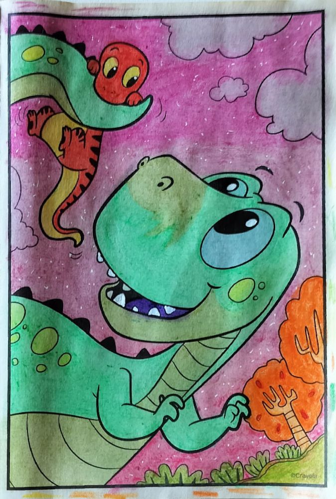 Crayola coloring book page of an adult -Rex and a baby -Rex hanging on the big one's tail. The big one is a variety of greens and the baby is red and yellow

The background is of a sun setting night of pinks and purples with white dots to represent stars. There's 2 trees colored 2 shades of orange