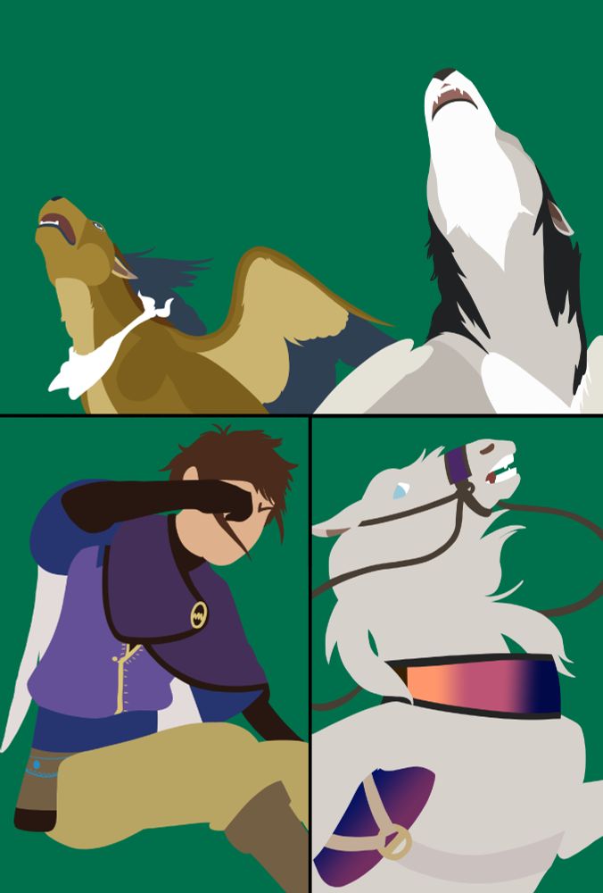 Comic page with a big cat, wolf, flying horse, and a male human reacting to magic (not shown)

This page contains colors only