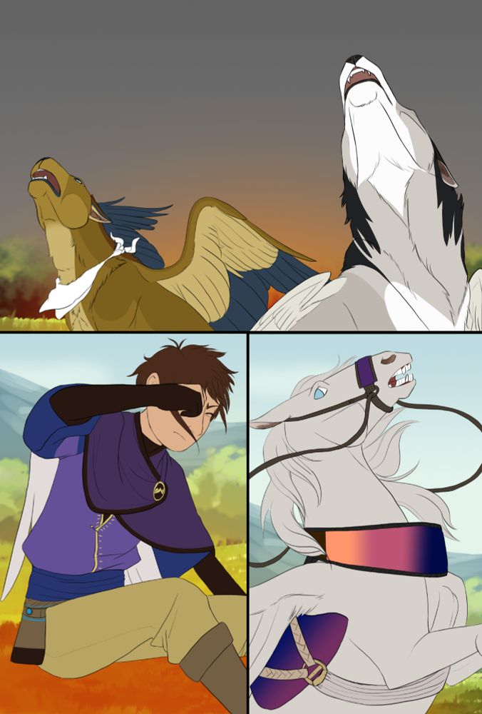 Comic page with a big cat, wolf, flying horse, and a male human reacting to magic (not shown)

This page contains lineart