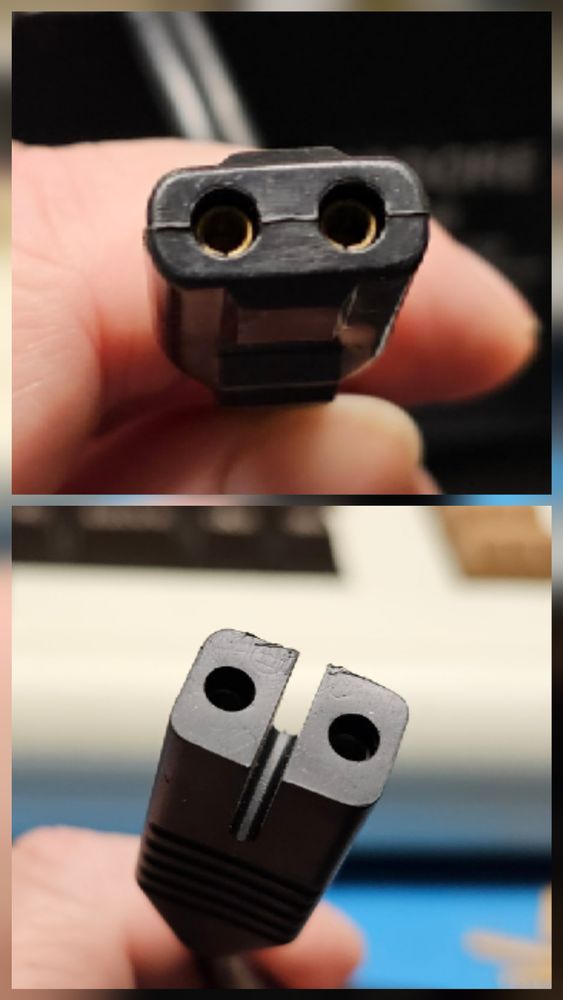 Two power connectors. On top is the connector for an NTSC Commodore VIC-20 machine and on the bottom is the connector from a PAL VC-20 machine. 