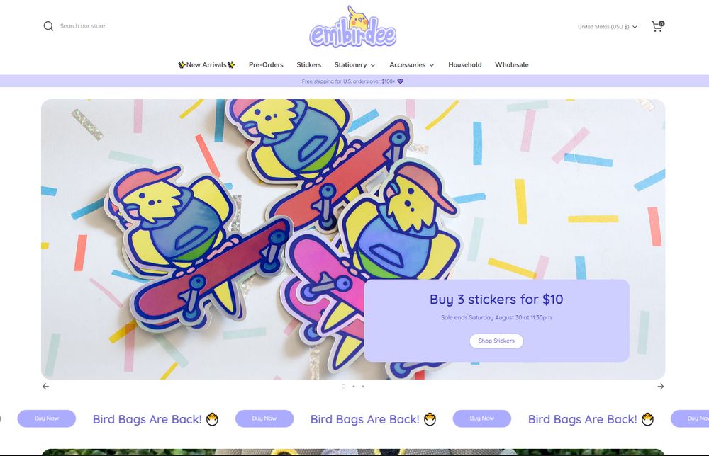 Screenshot of my new store layout with large slideshow showing buy 3 for $10 stickers, and slider at the bottom saying bird bags are back