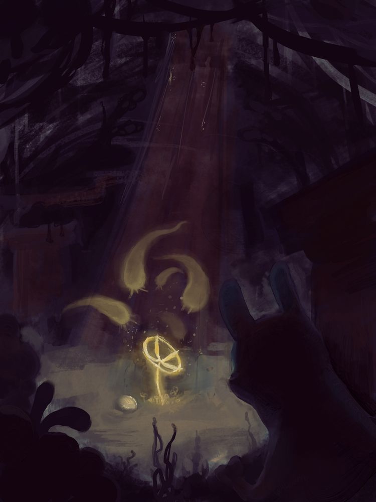 A slugcat covered in shadows (Watcher) looking at a sunlight spotlight Karma flower besides a pearl, there are void spawns near the Karma flower, and the pearl has a slight iterator mark (NSH) you can see dust in the rays and dripping on the background alongside flora and structures with no features, including pipes and hanging wires.