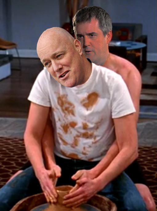 Aston Kutcher and Jon Cryer recreating the famous pottery scene from Ghost, but it's Chris Bishop as Kutcher and Chris Luxon as Cryer.