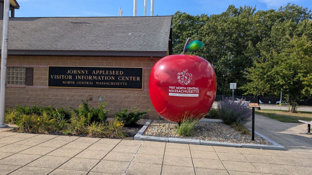 The Johnny Appleseed visitor info center, complete with a statue of a big red apple